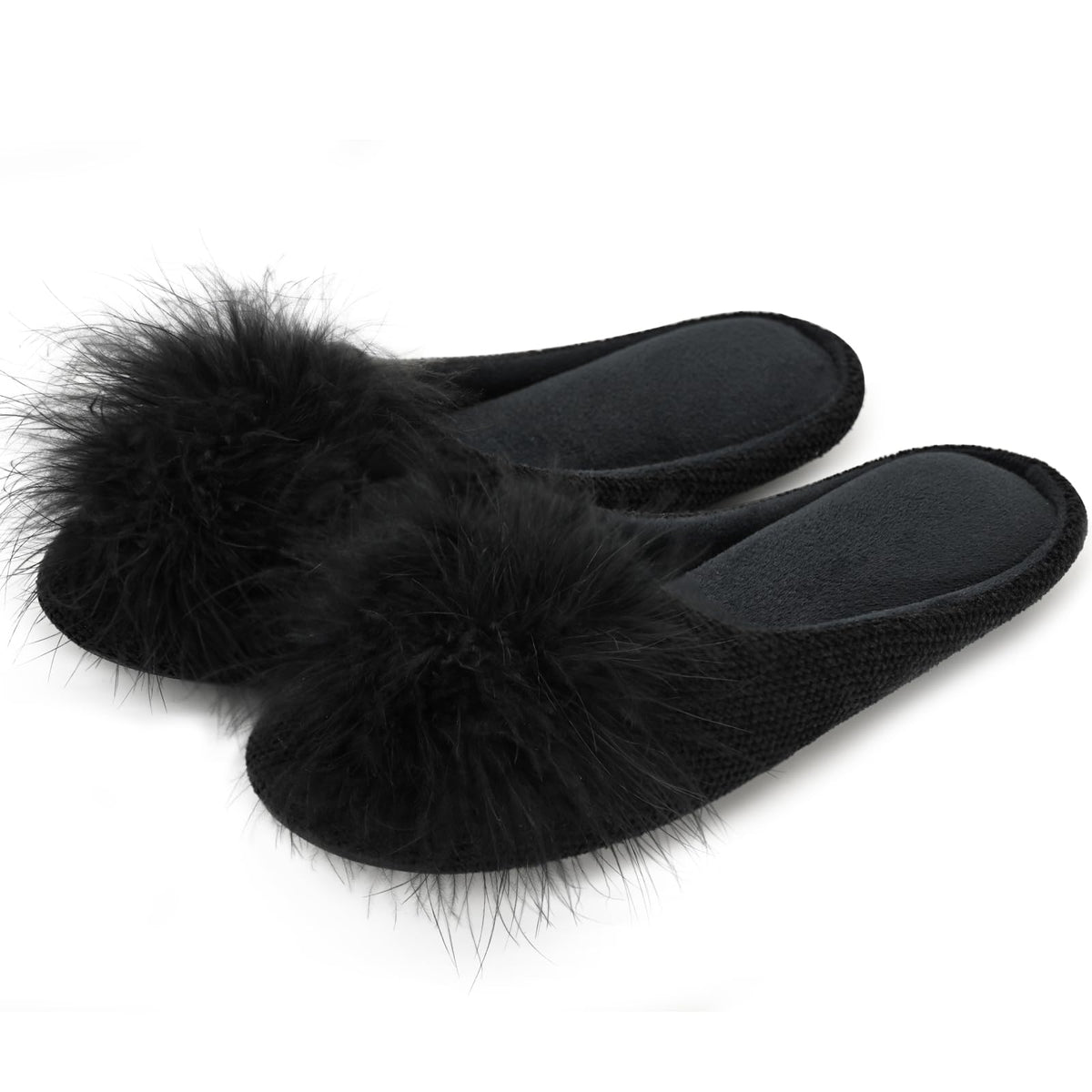 GRITHEIM Women's Fuzzy Pom Pom Velvet Memory Foam House Slippers Ladies Cozy Chenille Knit Bedroom Slippers Non-slip Sole Indoor Outdoor