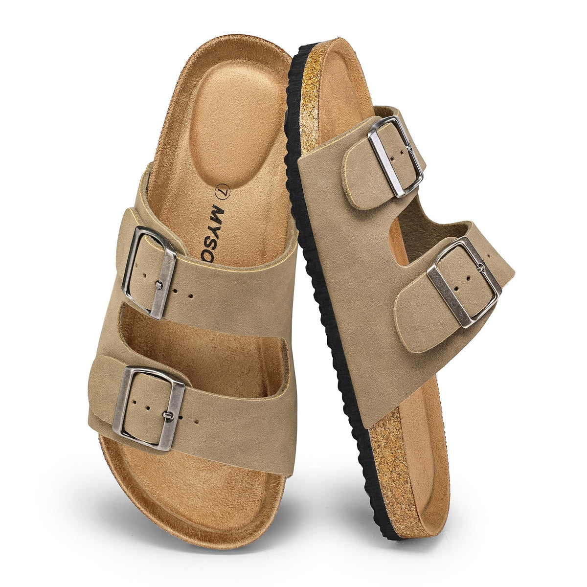 mysoft Womens Flat Sandals Cork Footbed Slides with 2 Straps