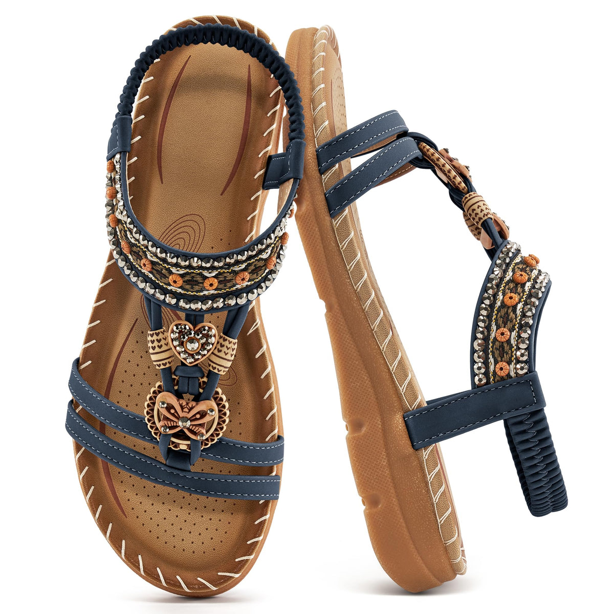 Aomigoct Sandals Women Flat Shoes: Dressy Summer Bohemian Flats Shoes for Women Sandals Comfortable Ankle Strap Outdoor Walking