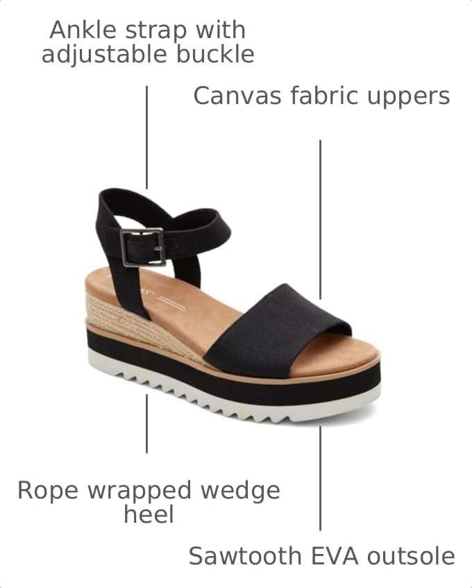 TOMS Women's Diana Wedge Heel Sandal, Leather Upper, Rope-Wrapped Midsole, Adjustable Strap, Buckle, OrthoLite Insole