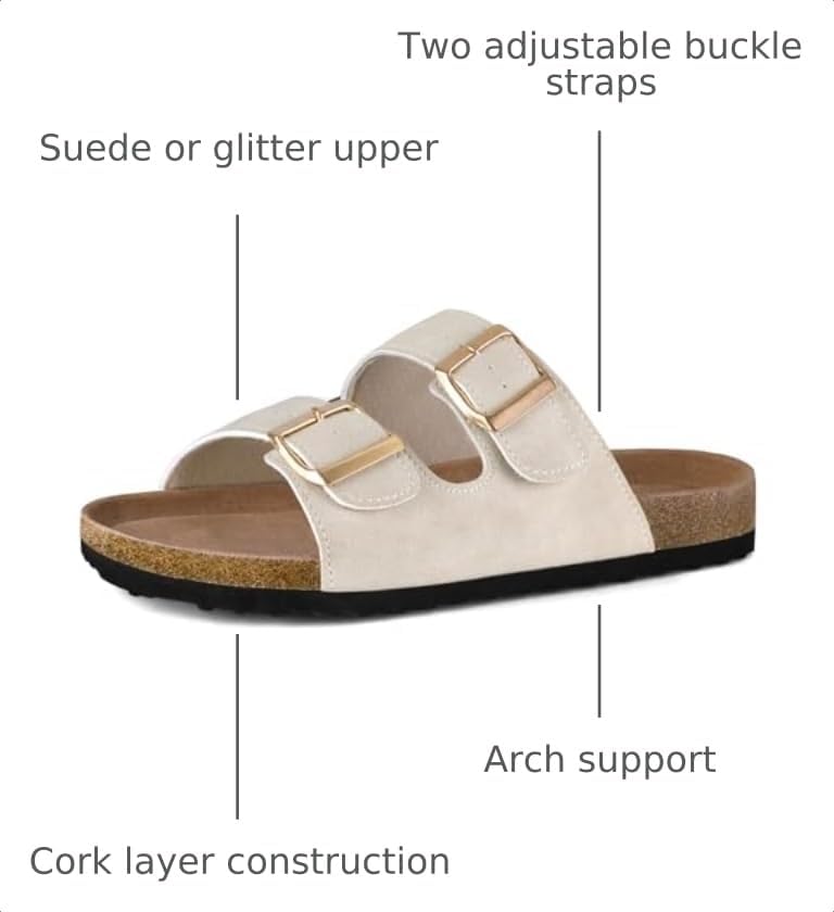mysoft Womens Flat Sandals Cork Footbed Slides with 2 Straps