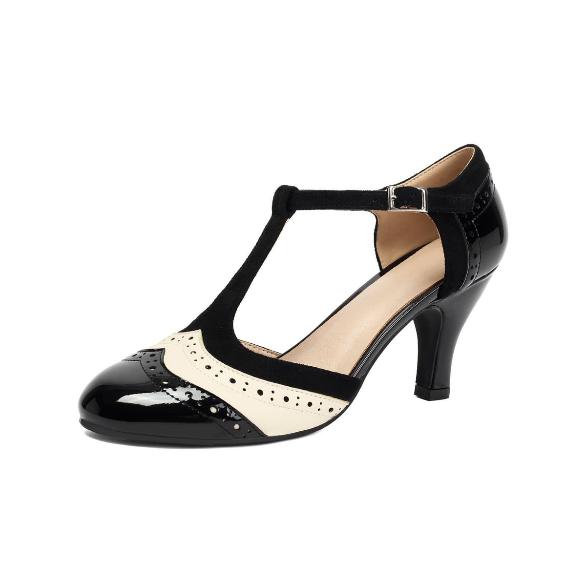 Women's T-Strap Two Tones Mary Jane Vintage 1920s Wingtip Heels Closed Round Toe 1950s Classic and Retro Pump Kitten Heels Shoes