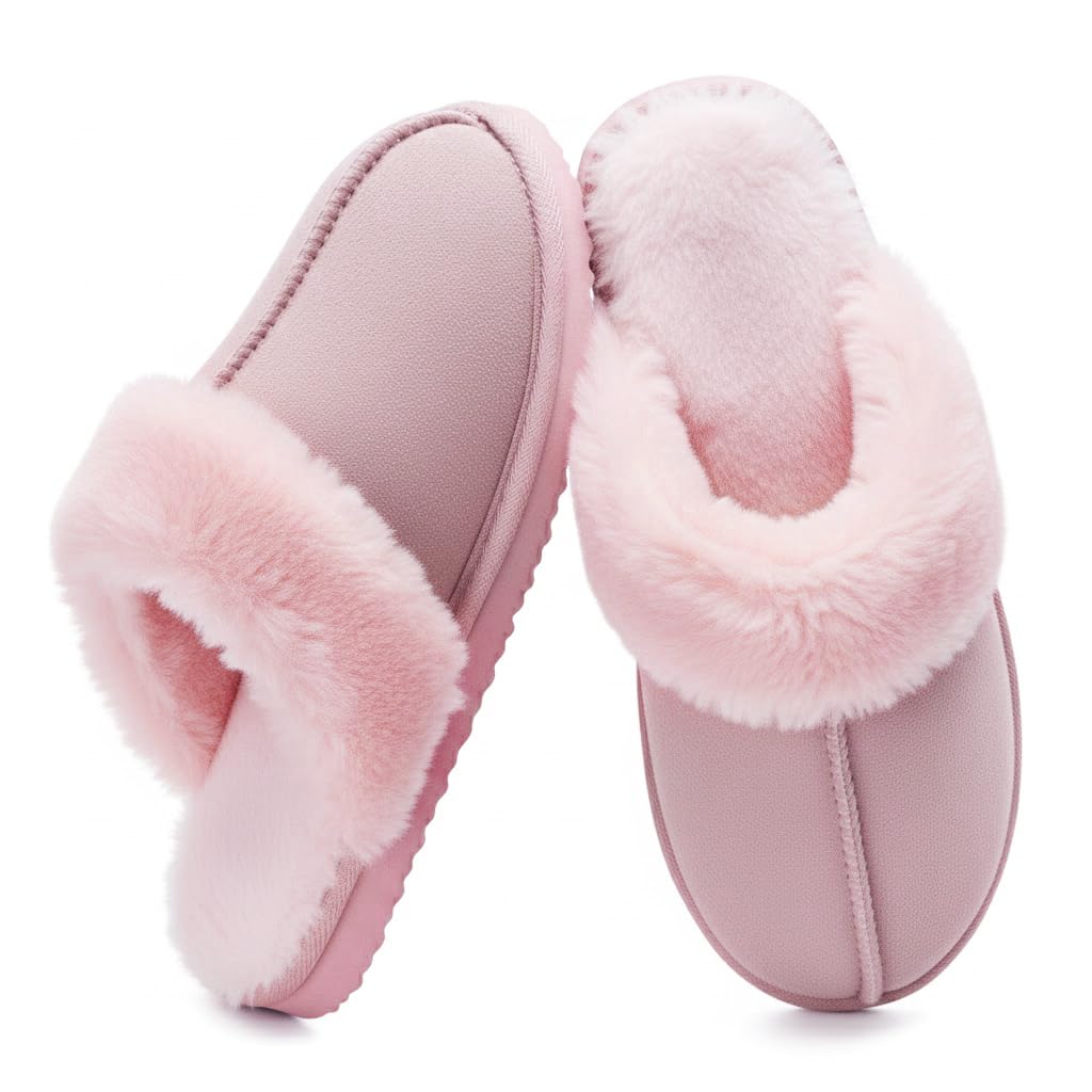 OOW Fuzzy Slippers for Women Cozy Faux Fur House Shoes Memory Foam Slippers