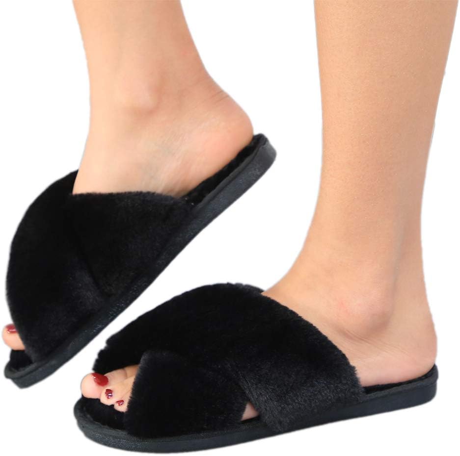 LZLER Women’s Cross Band Slippers, Soft Plush Fleece Lightweight Non Slip Open Toe Flip Flop Shoes House Indoor Outdoor Fur Fuzzy Slippers