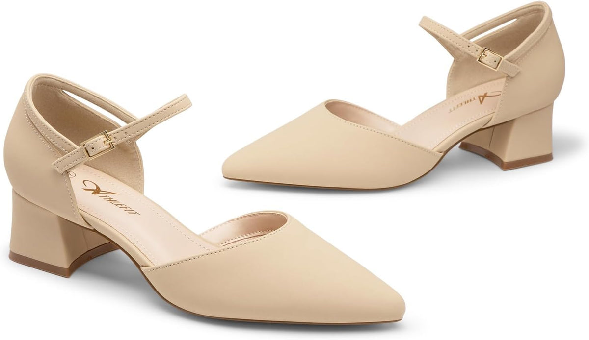 Athlefit Women's Pointed Toe Low Chunky Heel Pump Shoes