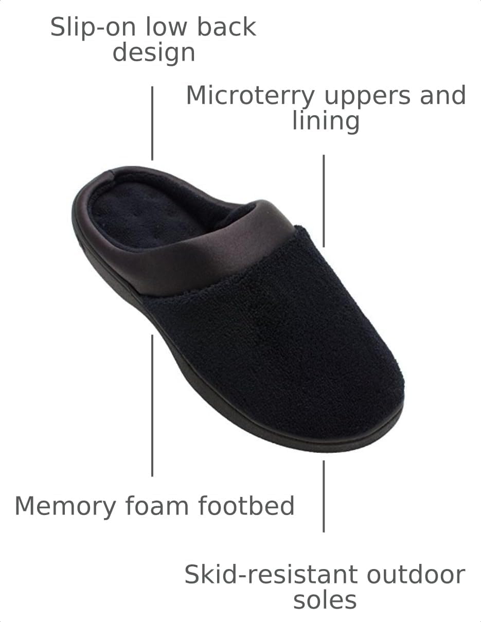isotoner womens Terry and Satin Slip on Cushioned Slipper With Memory Foam for Indoor/Outdoor Comfort