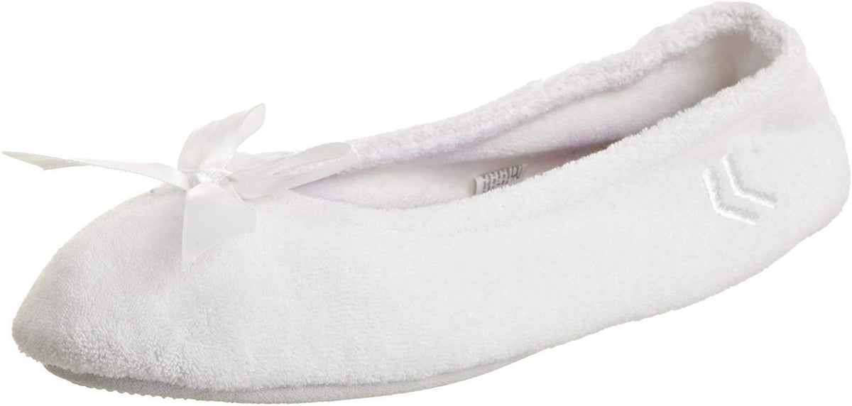 Isotoner Women’s Classic Terry Ballerina Slipper: Soft, Breathable, Terry Lined, Satin Bow, Secure Fit