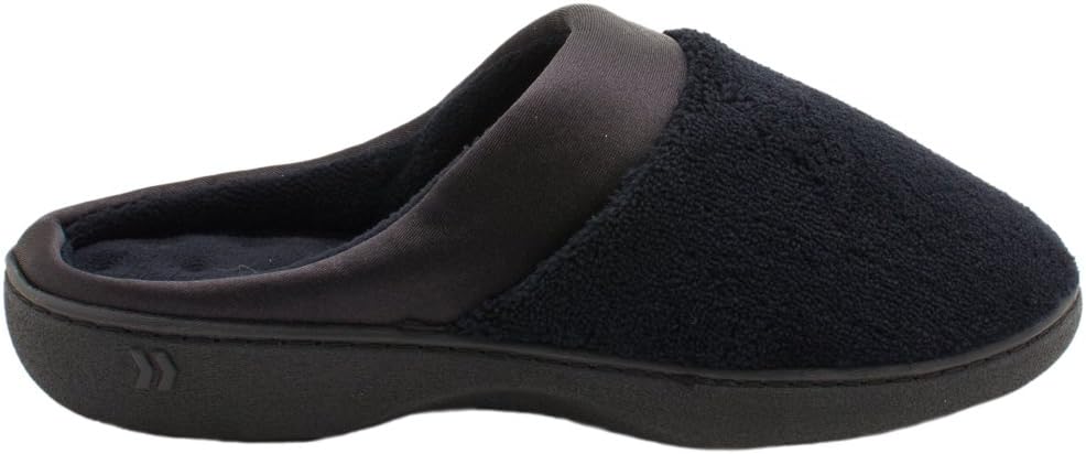 isotoner womens Terry and Satin Slip on Cushioned Slipper With Memory Foam for Indoor/Outdoor Comfort