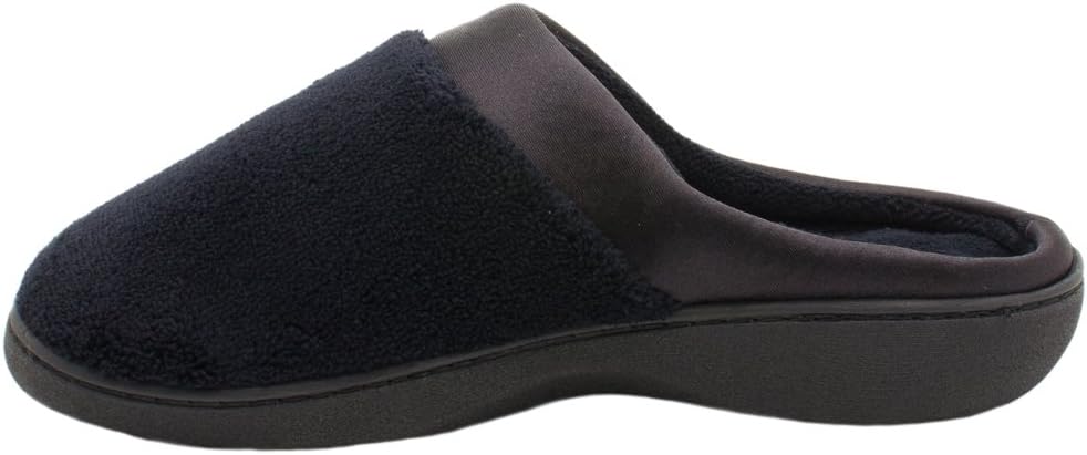 isotoner womens Terry and Satin Slip on Cushioned Slipper With Memory Foam for Indoor/Outdoor Comfort