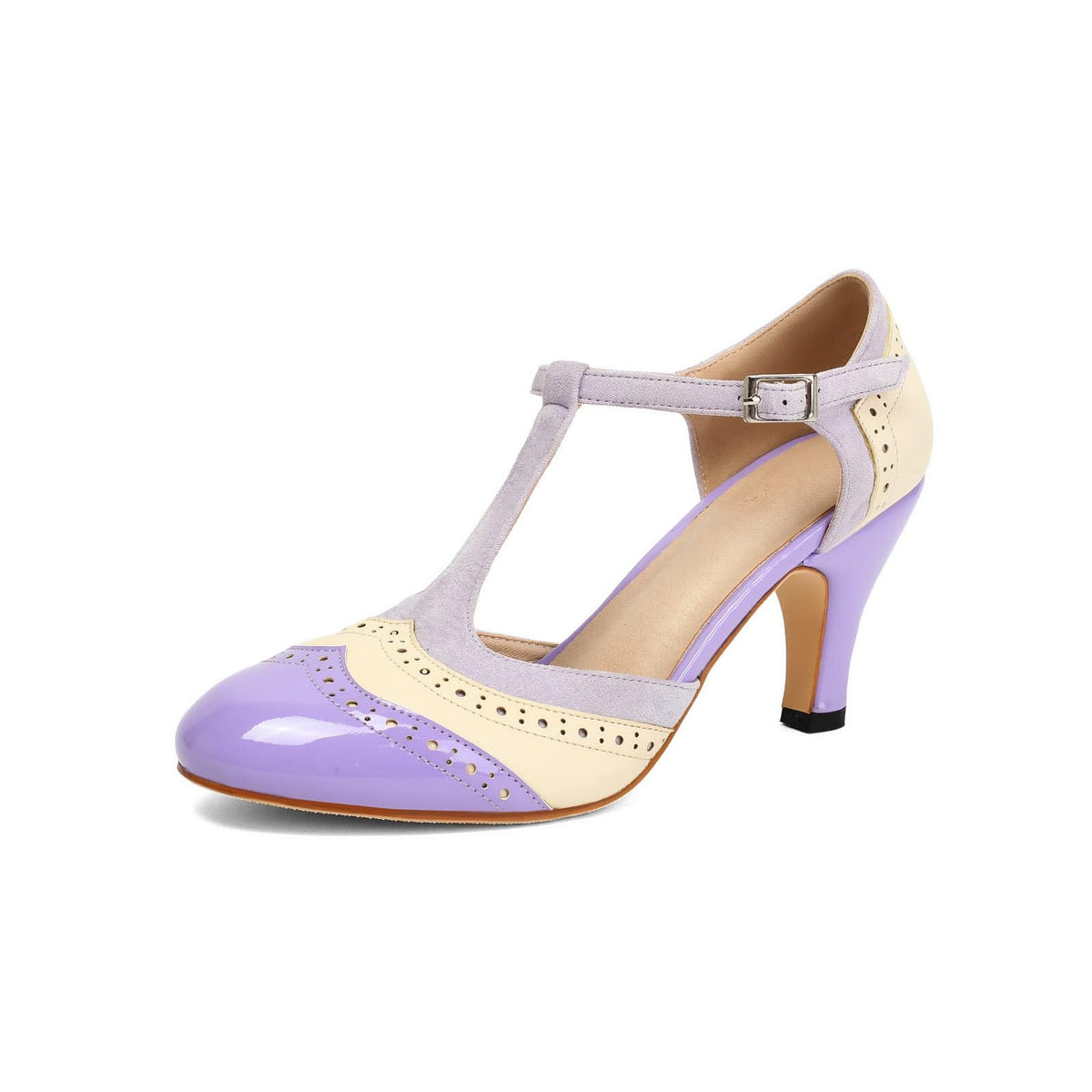 Women's T-Strap Two Tones Mary Jane Vintage 1920s Wingtip Heels Closed Round Toe 1950s Classic and Retro Pump Kitten Heels Shoes