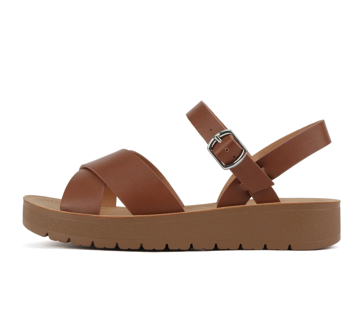 Soda CHESTER ~ Women Flat Sandals Flatform Ankle Buckle Criss Cross Band Straps Sandals Shoes (Gold Raffia, 5.5)