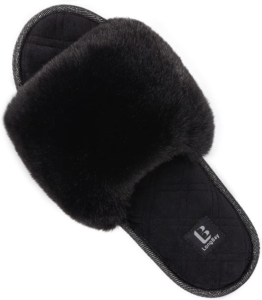 LongBay Women's Fuzzy Slippers Comfy Cloud Memory Foam House Shoes Home Open Toe Slides Indoor Outdoor