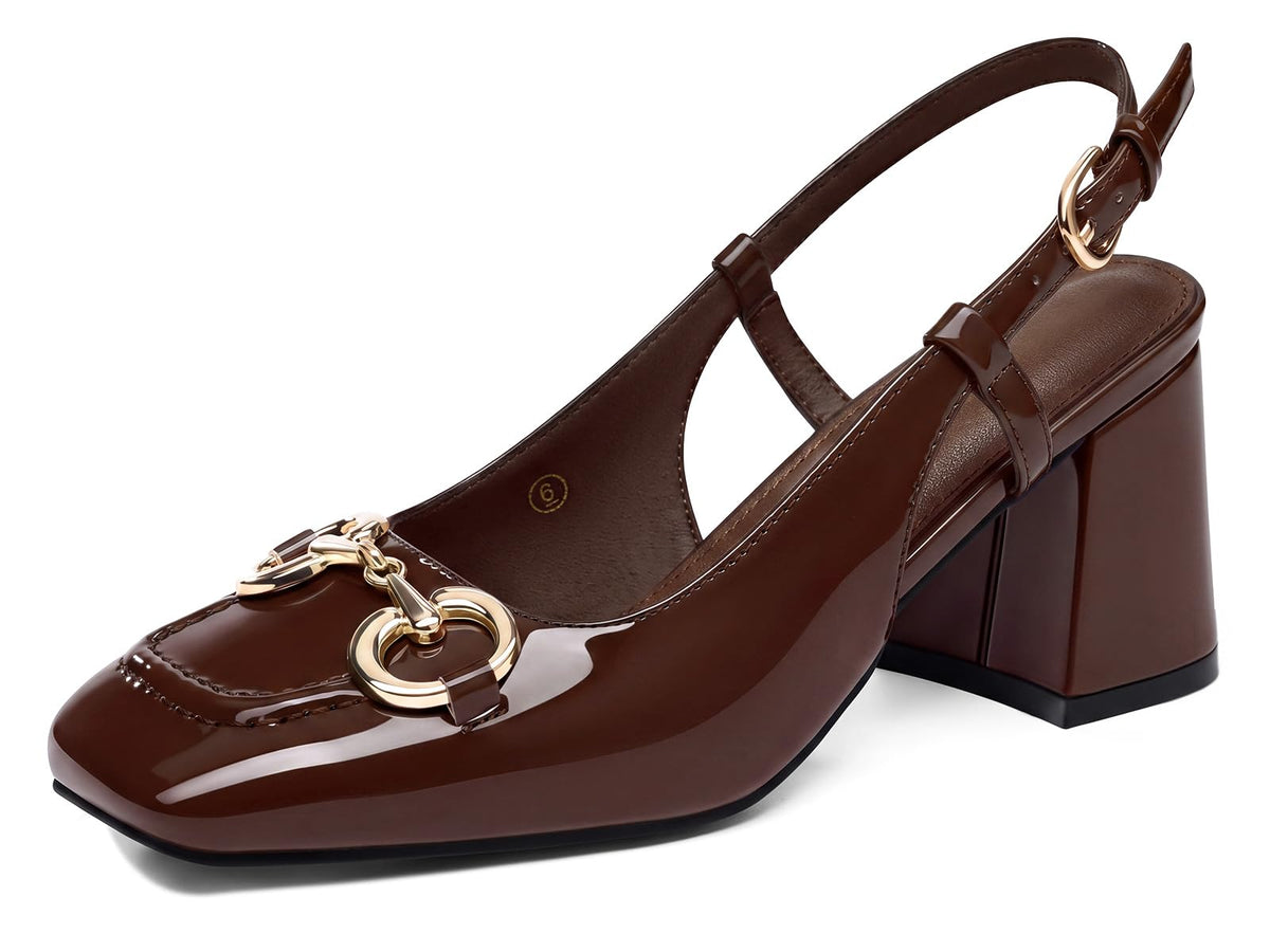 Womens Slingback Block Heels Closed Square Toe Dress Work Shoes Slip on Buckle Strap Business Pumps
