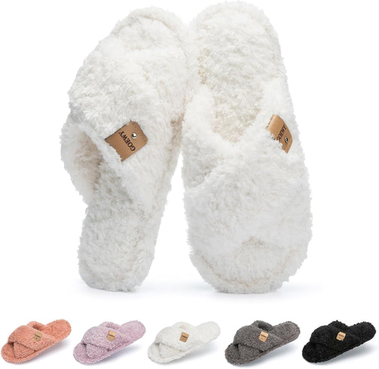 GOEWY Fuzzy Open Toe Slippers for Women Cozy Memory Foam House Shoes Indoor
