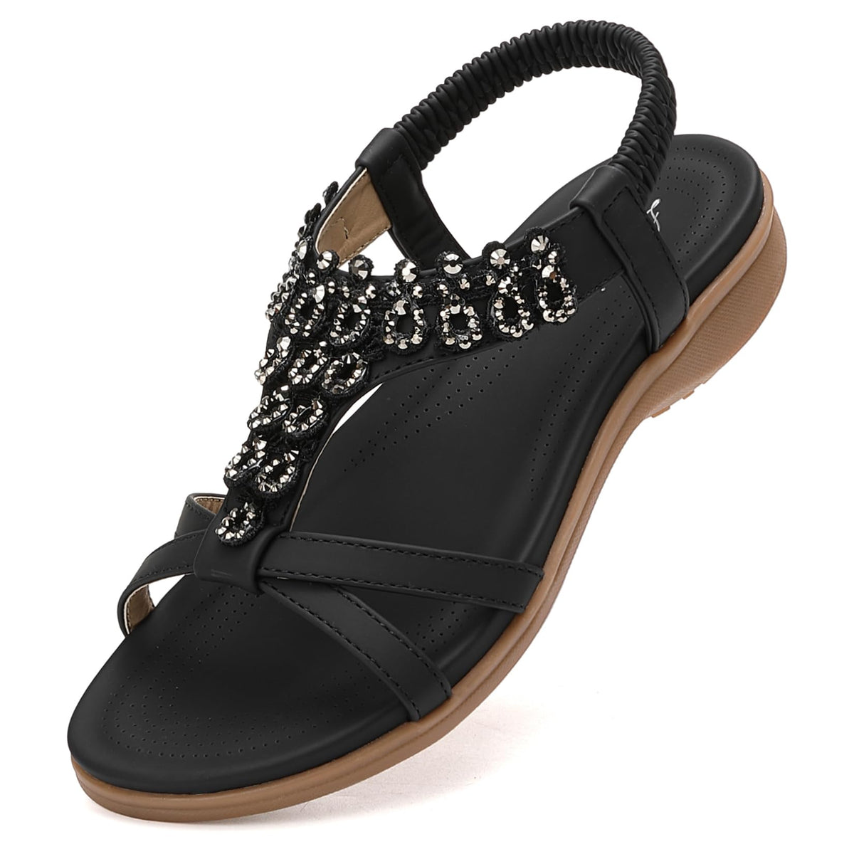 Littleplum Womens Sandals Arch Support Slingback Rhinestone Dressy Sandals Comfort Summer Shoes Ankle Strap Elastic Flats for Beach Walking