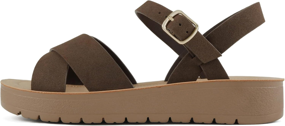 Soda CHESTER ~ Women Flat Sandals Flatform Ankle Buckle Criss Cross Band Straps Sandals Shoes (Gold Raffia, 5.5)