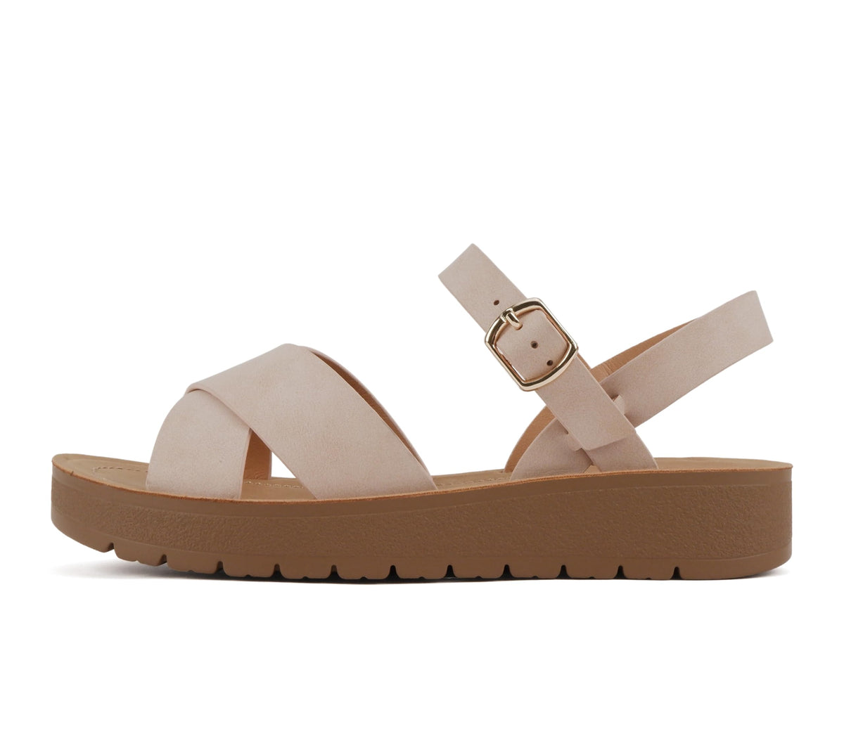 Soda CHESTER ~ Women Flat Sandals Flatform Ankle Buckle Criss Cross Band Straps Sandals Shoes (Gold Raffia, 5.5)