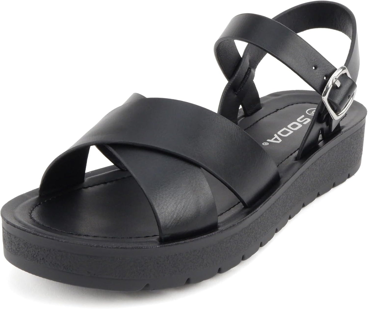 Soda CHESTER ~ Women Flat Sandals Flatform Ankle Buckle Criss Cross Band Straps Sandals Shoes (Gold Raffia, 5.5)