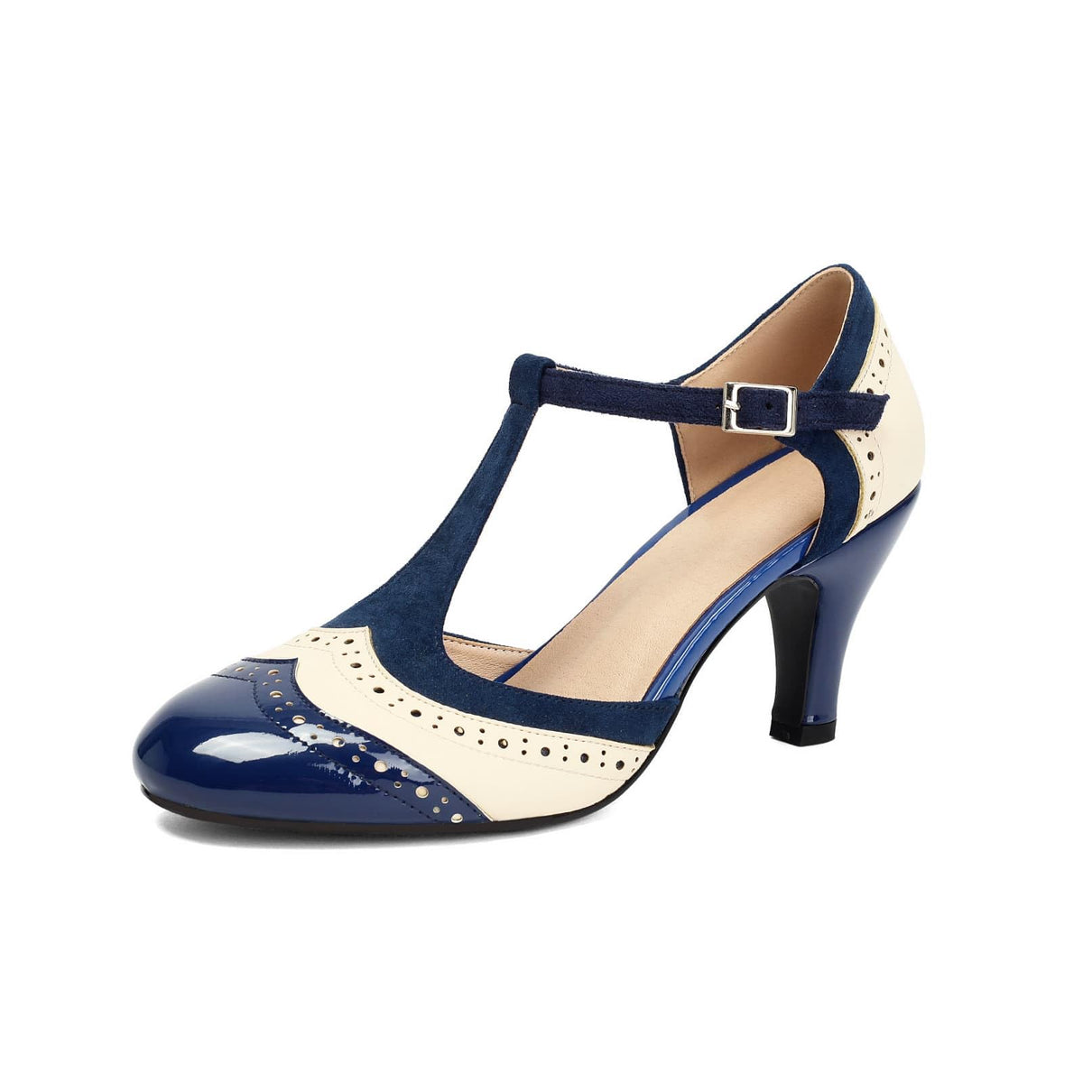 Women's T-Strap Two Tones Mary Jane Vintage 1920s Wingtip Heels Closed Round Toe 1950s Classic and Retro Pump Kitten Heels Shoes