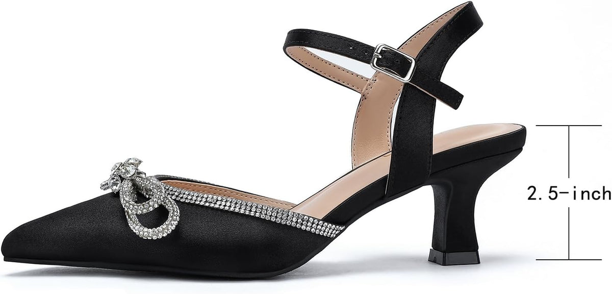 DOBOLIN Wide Width Kitten Heels for Women Rhinestone Bow Pointed Toe Pumps