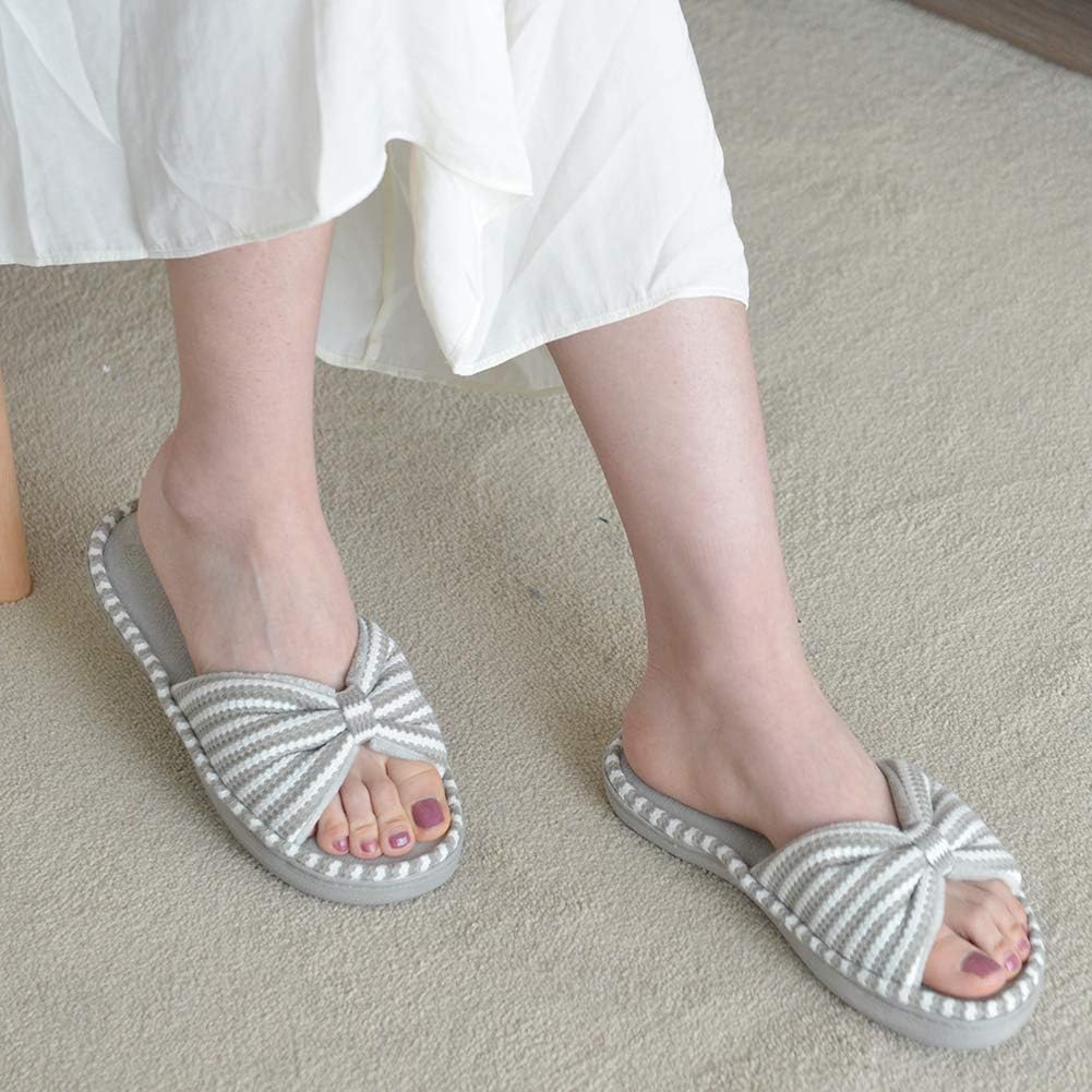 DL Women's Memory Foam Open Toe Slide Slippers with Cute Bow and Cozy Terry Lining, Slip-on House Shoes Spa Mules Sandals with Indoor Outdoor Rubber Sole