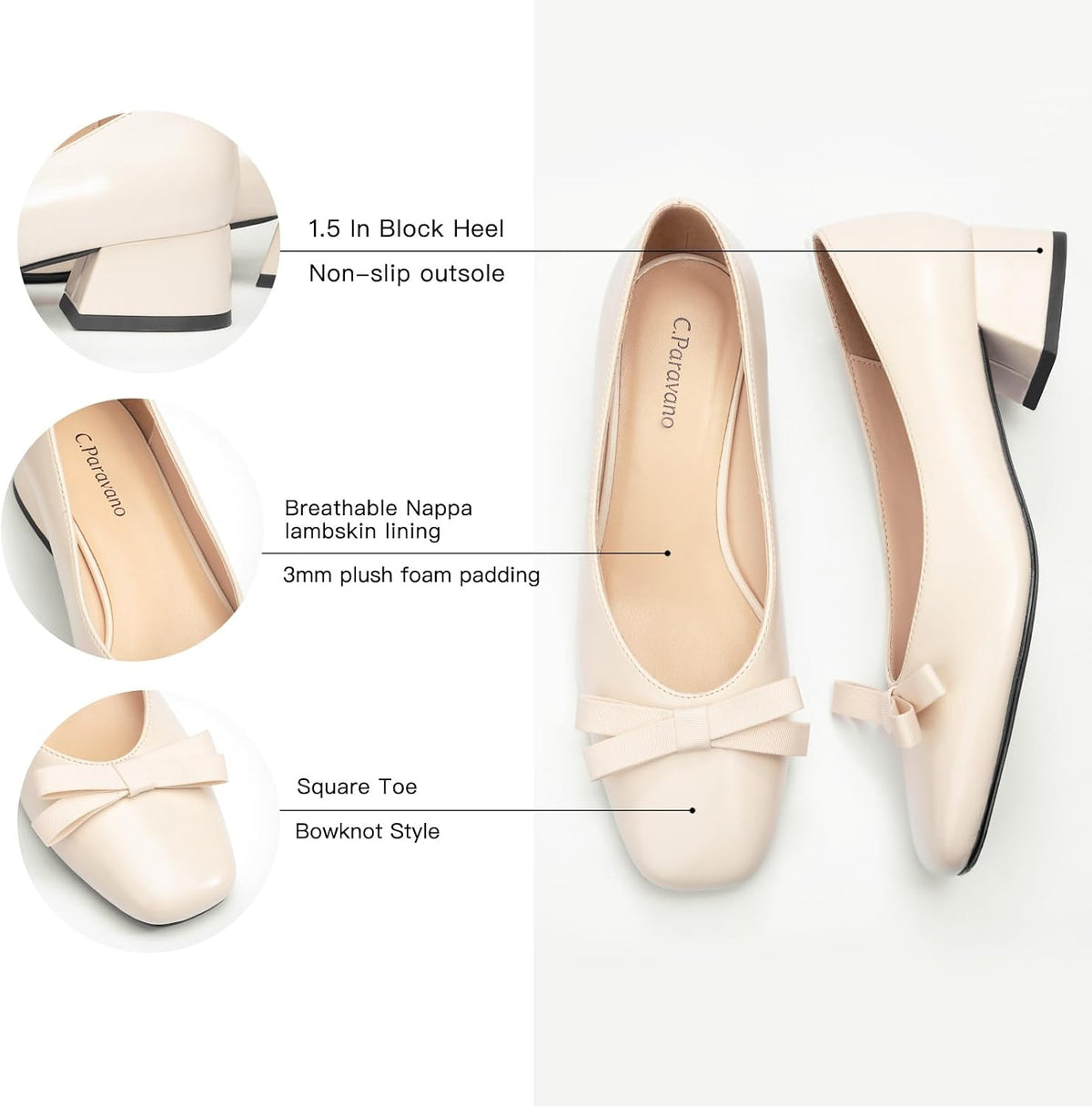 C.Paravano Women's Pumps | Chunky Block Heel & Square Toe | Dressy Casual