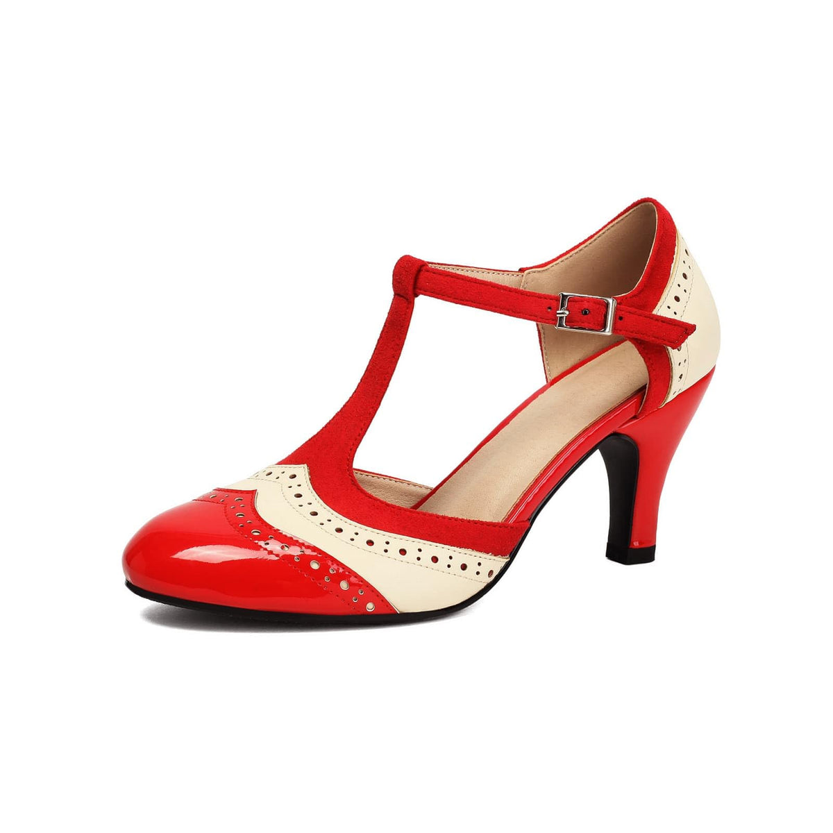 Women's T-Strap Two Tones Mary Jane Vintage 1920s Wingtip Heels Closed Round Toe 1950s Classic and Retro Pump Kitten Heels Shoes
