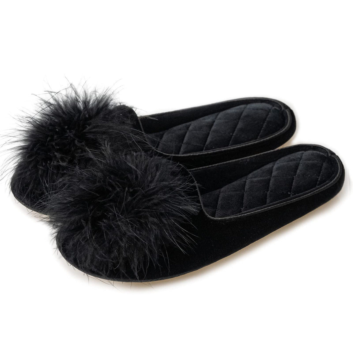 GRITHEIM Women's Fuzzy Pom Pom Velvet Memory Foam House Slippers Ladies Cozy Chenille Knit Bedroom Slippers Non-slip Sole Indoor Outdoor