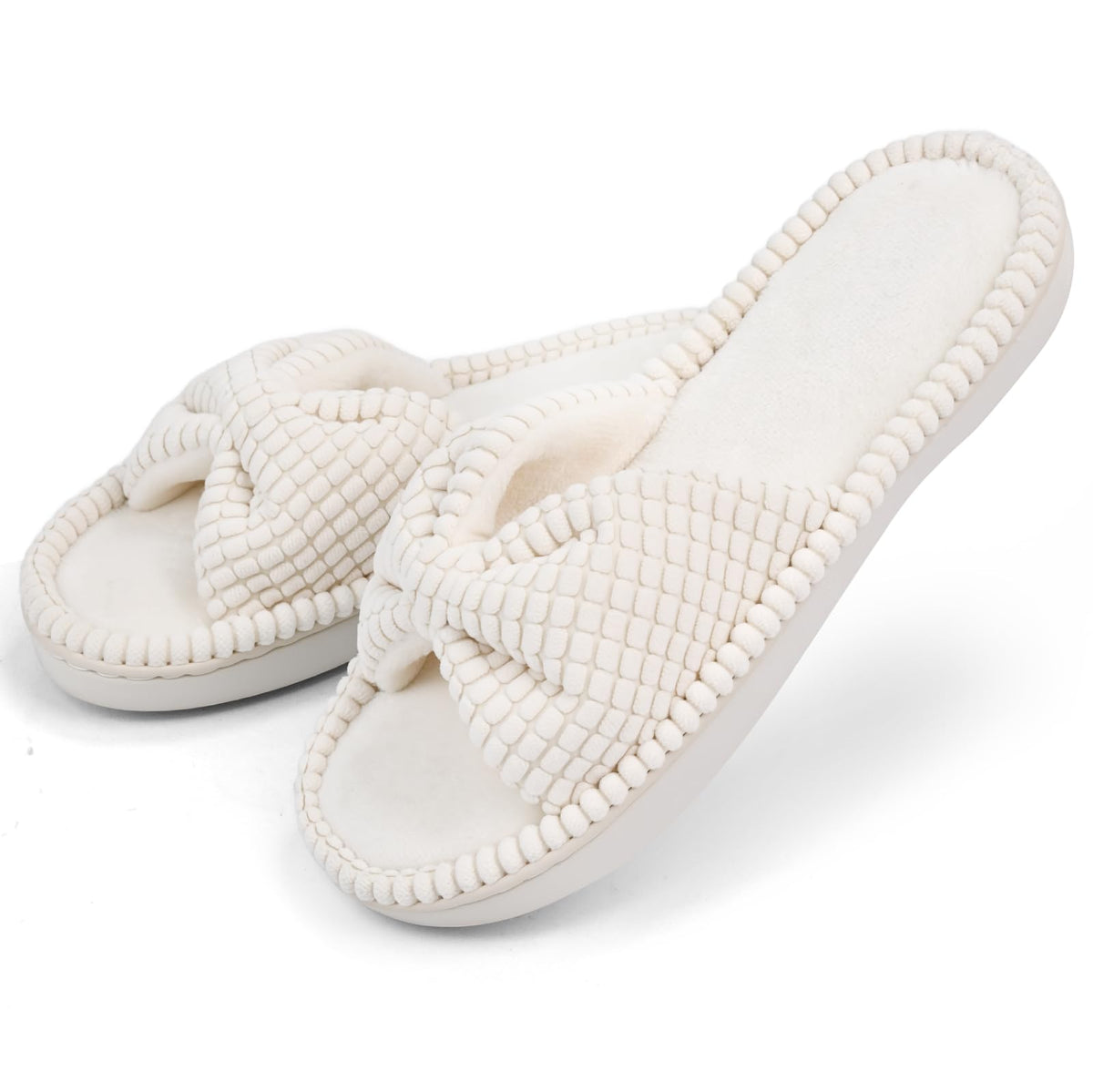 DL Women's Memory Foam Open Toe Slide Slippers with Cute Bow and Cozy Terry Lining, Slip-on House Shoes Spa Mules Sandals with Indoor Outdoor Rubber Sole