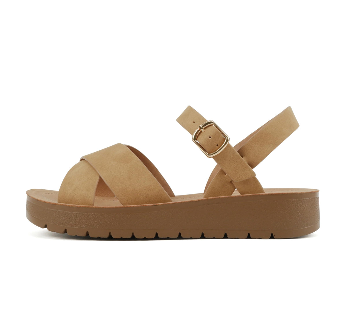 Soda CHESTER ~ Women Flat Sandals Flatform Ankle Buckle Criss Cross Band Straps Sandals Shoes (Gold Raffia, 5.5)