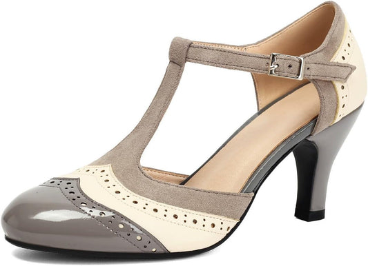Women's T-Strap Two Tones Mary Jane Vintage 1920s Wingtip Heels Closed Round Toe 1950s Classic and Retro Pump Kitten Heels Shoes