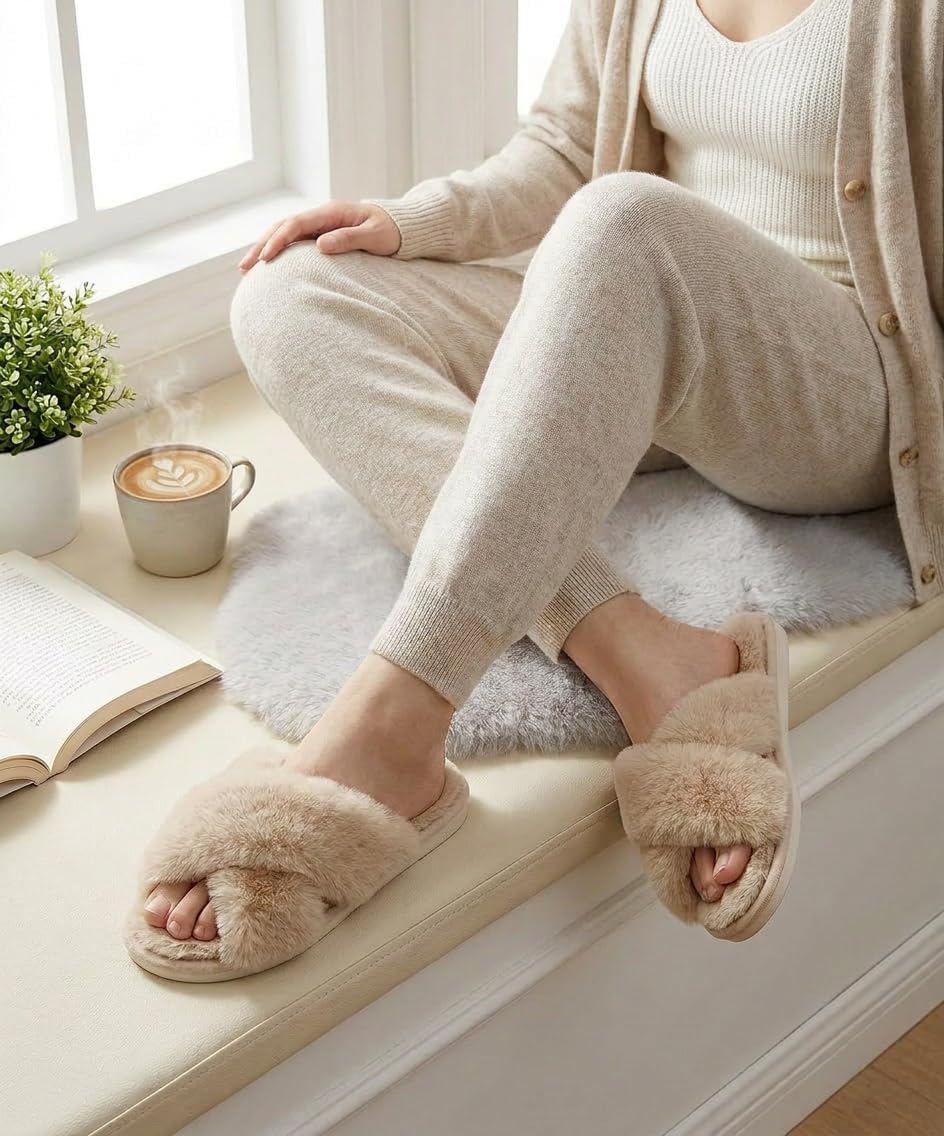 Evshine Memory Foam Fuzzy House Slippers for Women