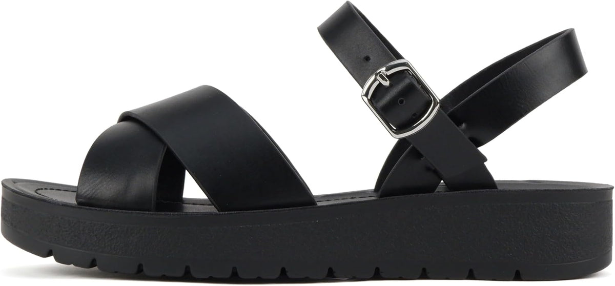 Soda CHESTER ~ Women Flat Sandals Flatform Ankle Buckle Criss Cross Band Straps Sandals Shoes (Gold Raffia, 5.5)
