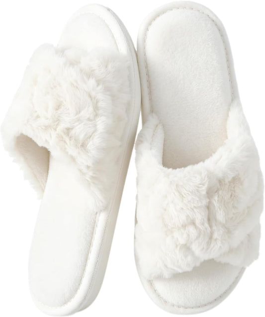 HUXMEYSON Slippers for Women, Open Toe Memory Foam House Shoes with Adjustable Strap, Cozy Faux Fur & Anti-Slip Indoor Outdoor TPR Soles