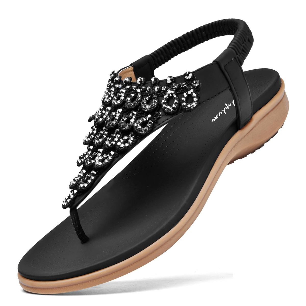 Littleplum Womens Sandals Arch Support Slingback Rhinestone Dressy Sandals Comfort Summer Shoes Ankle Strap Elastic Flats for Beach Walking