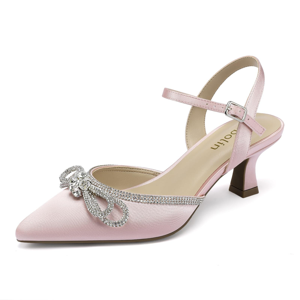DOBOLIN Wide Width Kitten Heels for Women Rhinestone Bow Pointed Toe Pumps