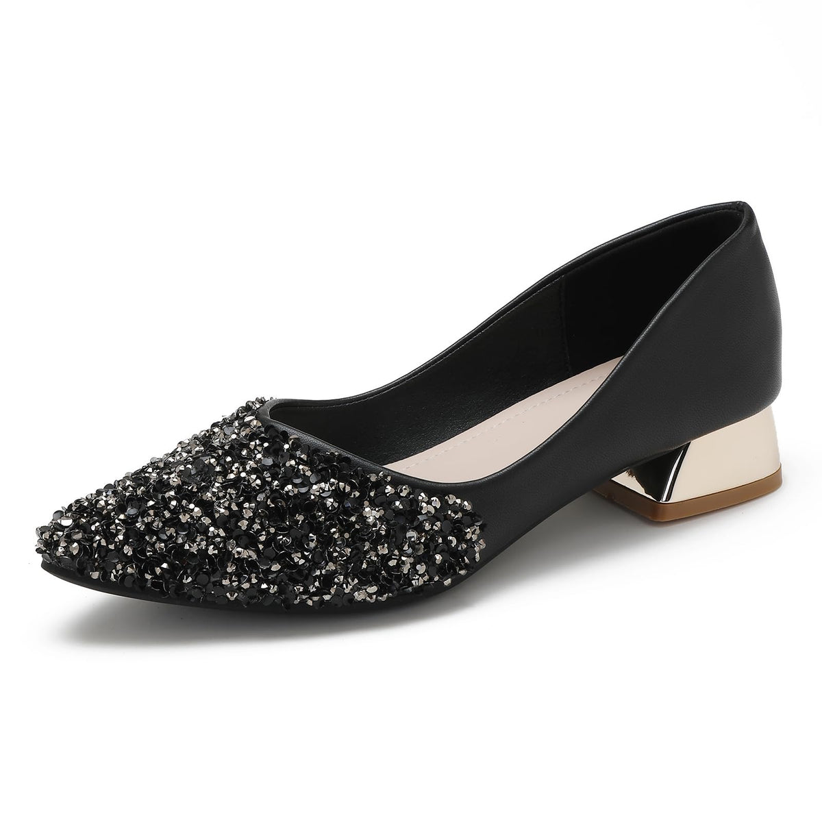 Women's Pumps, Closed Toe Chunky Heels for Women, Comfortable Work Pumps Shoes, Pointed Toe Rhinestones Dress Wedding Pumps for Women