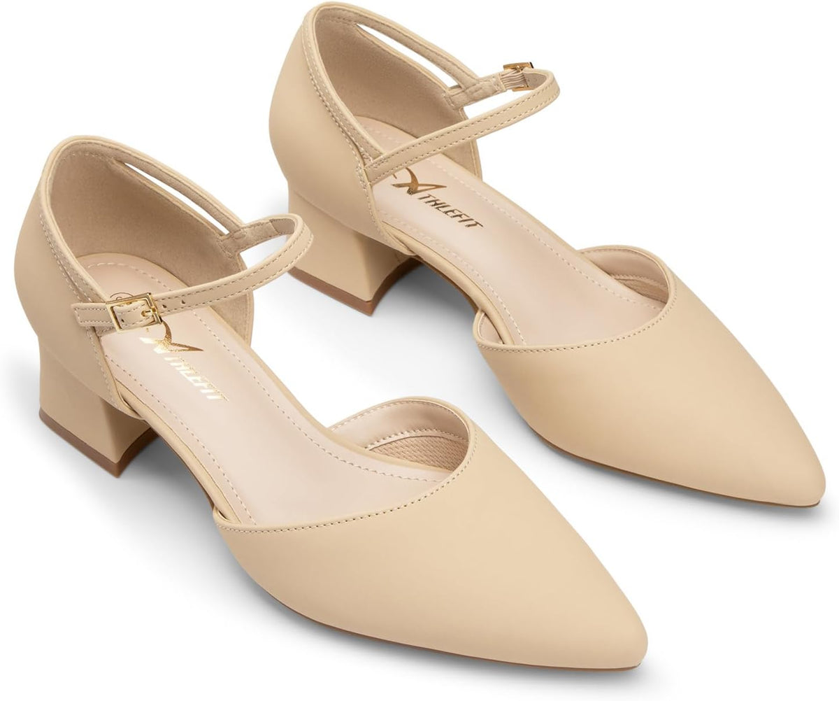 Athlefit Women's Pointed Toe Low Chunky Heel Pump Shoes
