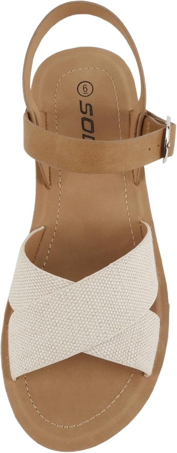 Soda CHESTER ~ Women Flat Sandals Flatform Ankle Buckle Criss Cross Band Straps Sandals Shoes (Gold Raffia, 5.5)
