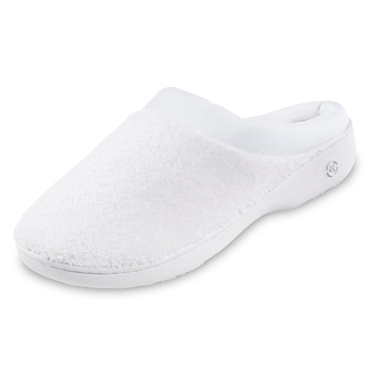 isotoner womens Terry and Satin Slip on Cushioned Slipper With Memory Foam for Indoor/Outdoor Comfort