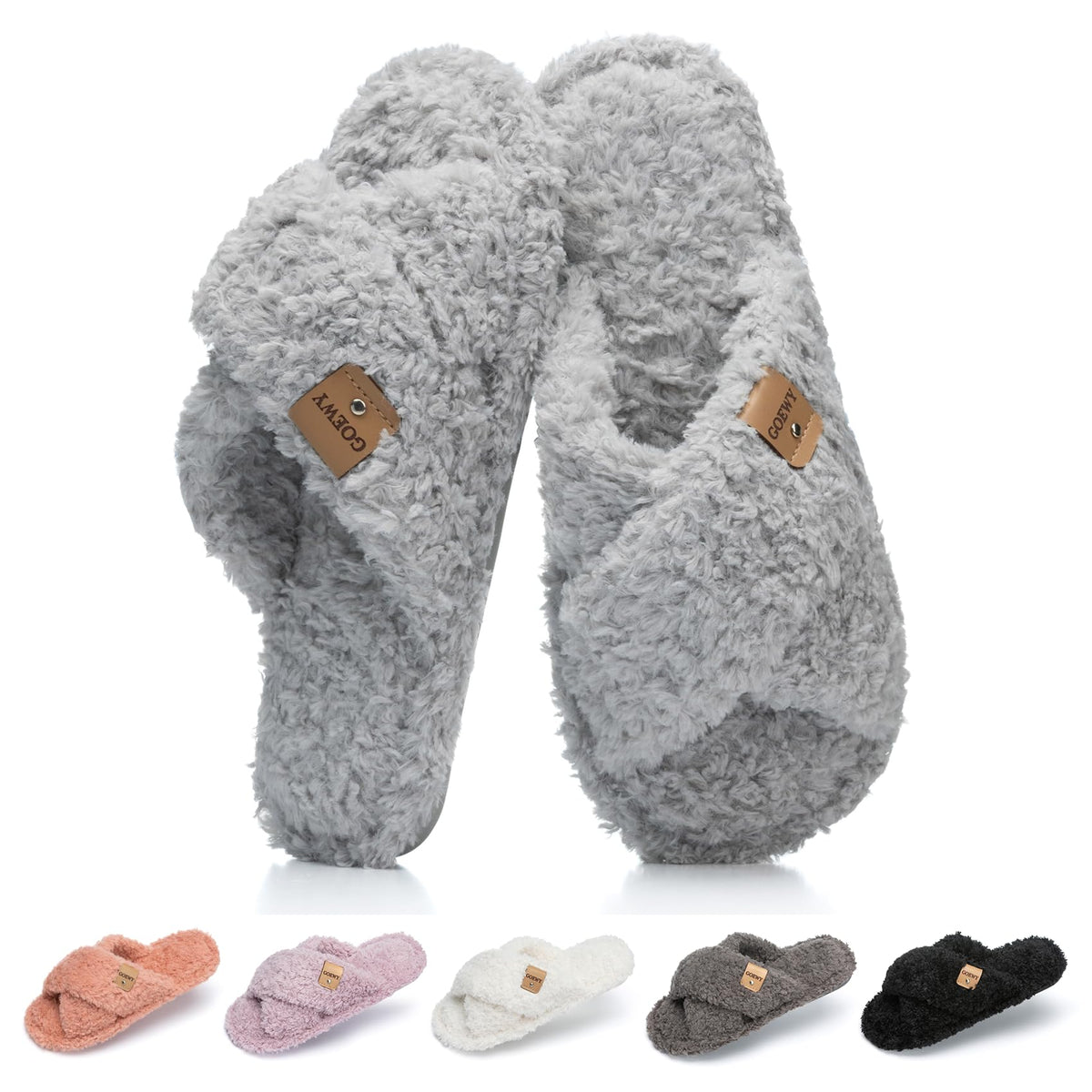 GOEWY Fuzzy Open Toe Slippers for Women Cozy Memory Foam House Shoes Indoor