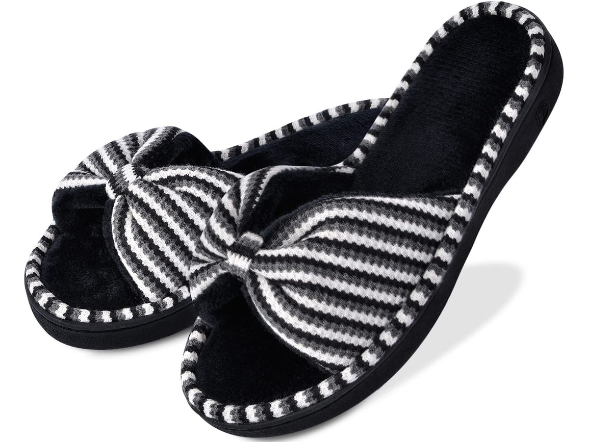 DL Women's Memory Foam Open Toe Slide Slippers with Cute Bow and Cozy Terry Lining, Slip-on House Shoes Spa Mules Sandals with Indoor Outdoor Rubber Sole