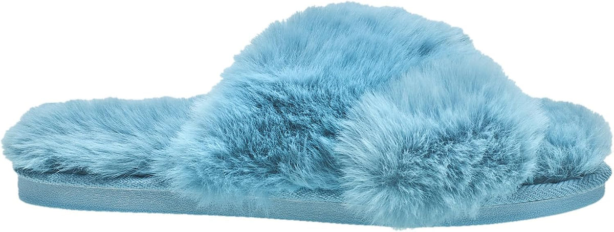 Nine West Women's Fuzzy Crossband Slippers – Soft Plush Open Toe House Slides with Memory Foam Sole