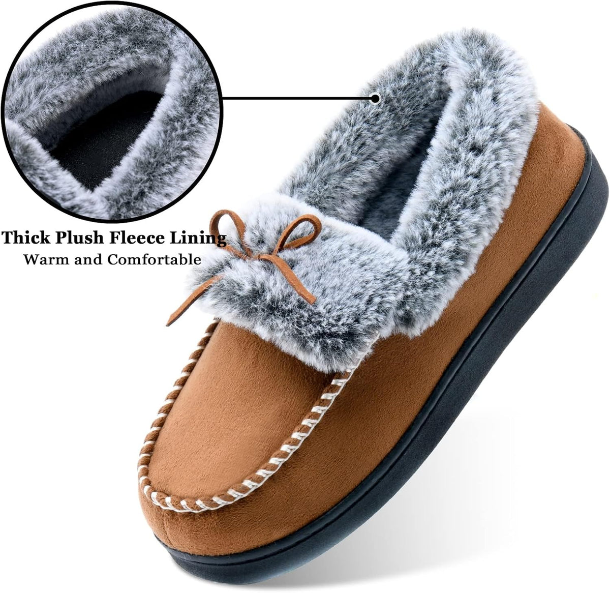 DL Womens Fuzzy Warm Moccasin Slippers Memory Foam, Soft Fluffy Women's Winter House Slipper Closed Back Fur Lined, Cozy Ladies Suede Indoor Bedroom Houseshoes Non-Slip