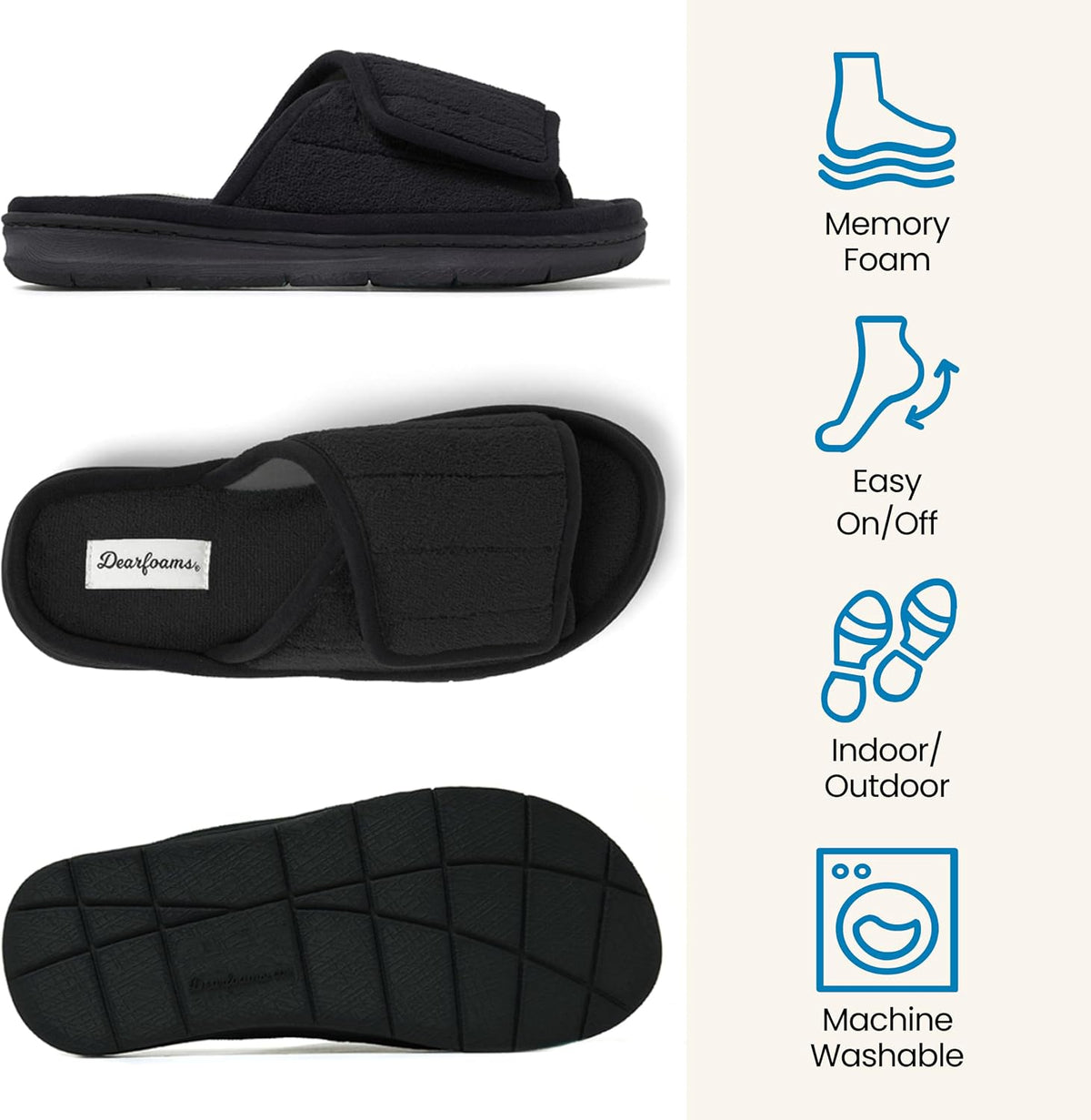Dearfoams Mickey Adjustable Terry Slide, Memory Foam Washable Open Toe Indoor Summer House Slippers