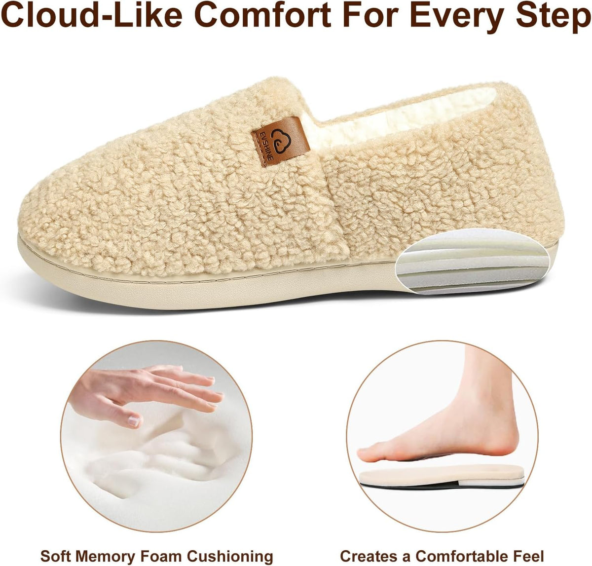 Evshine Cozy Curly Fleece Memory Foam Fuzzy Slippers for Women