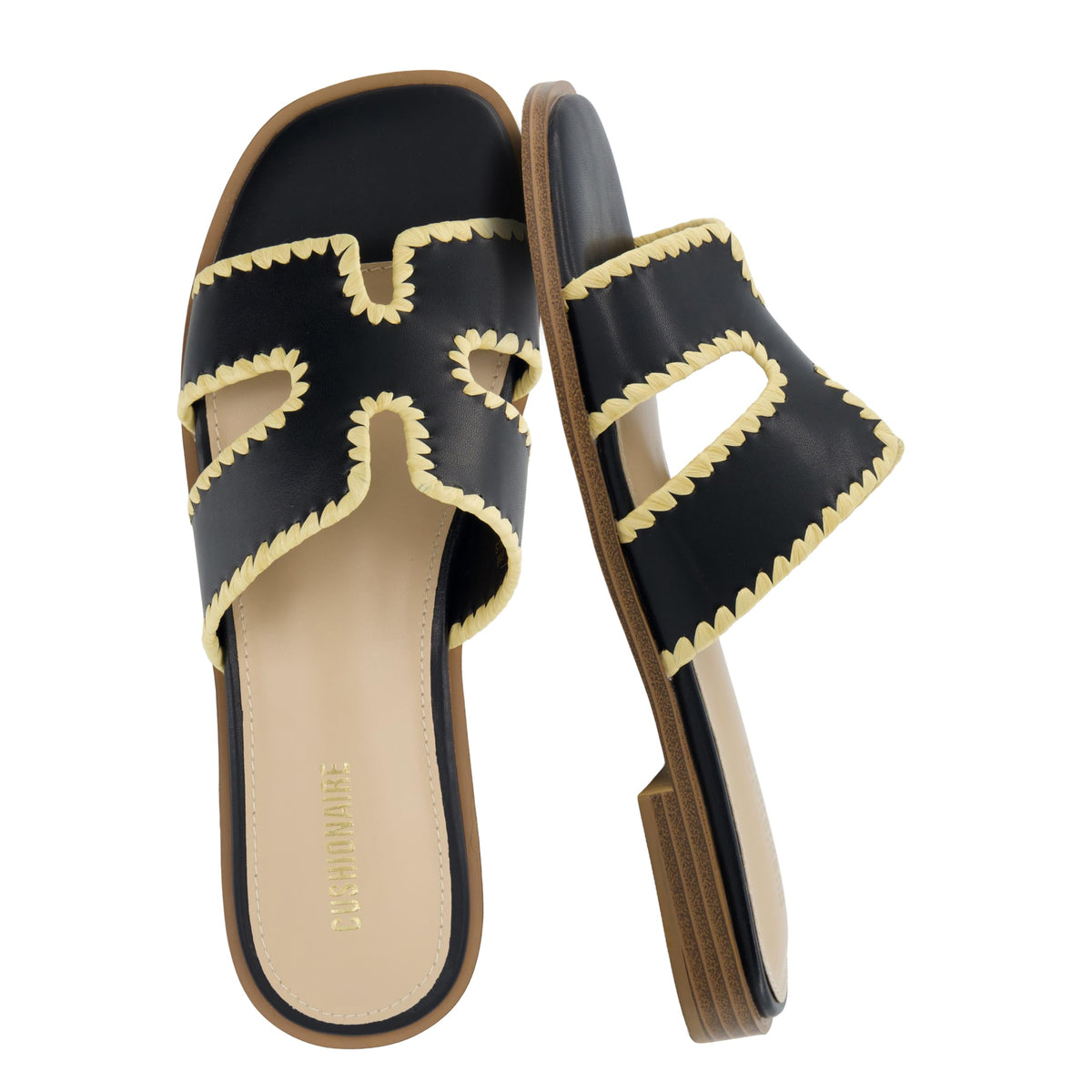 CUSHIONAIRE Voyage Cutout Strap Slides for Women, Slip On Summer Flats, Trendy Footwear, Memory Foam Vegan Leather Comfortable Vacation Style Sandals