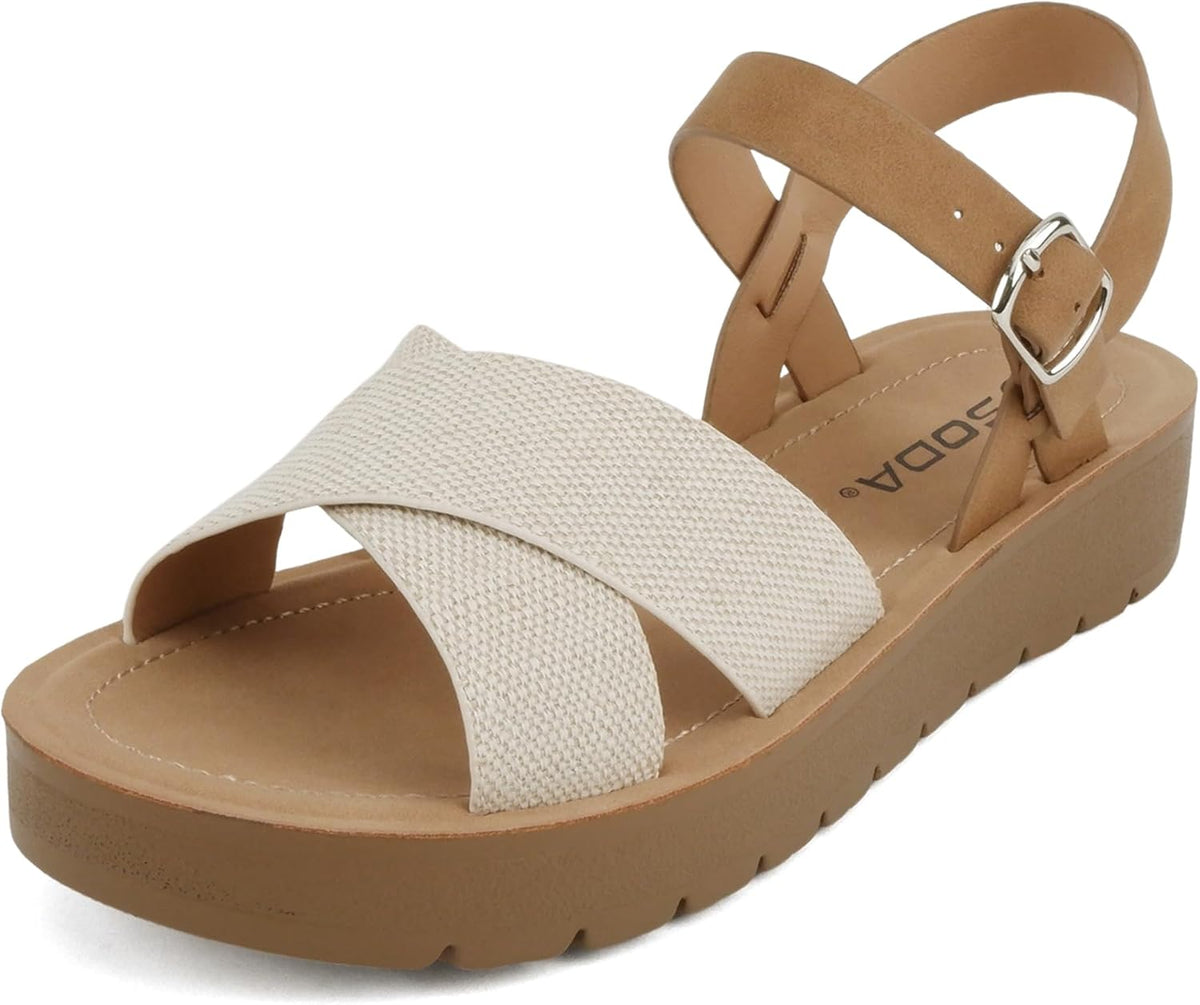 Soda CHESTER ~ Women Flat Sandals Flatform Ankle Buckle Criss Cross Band Straps Sandals Shoes (Gold Raffia, 5.5)