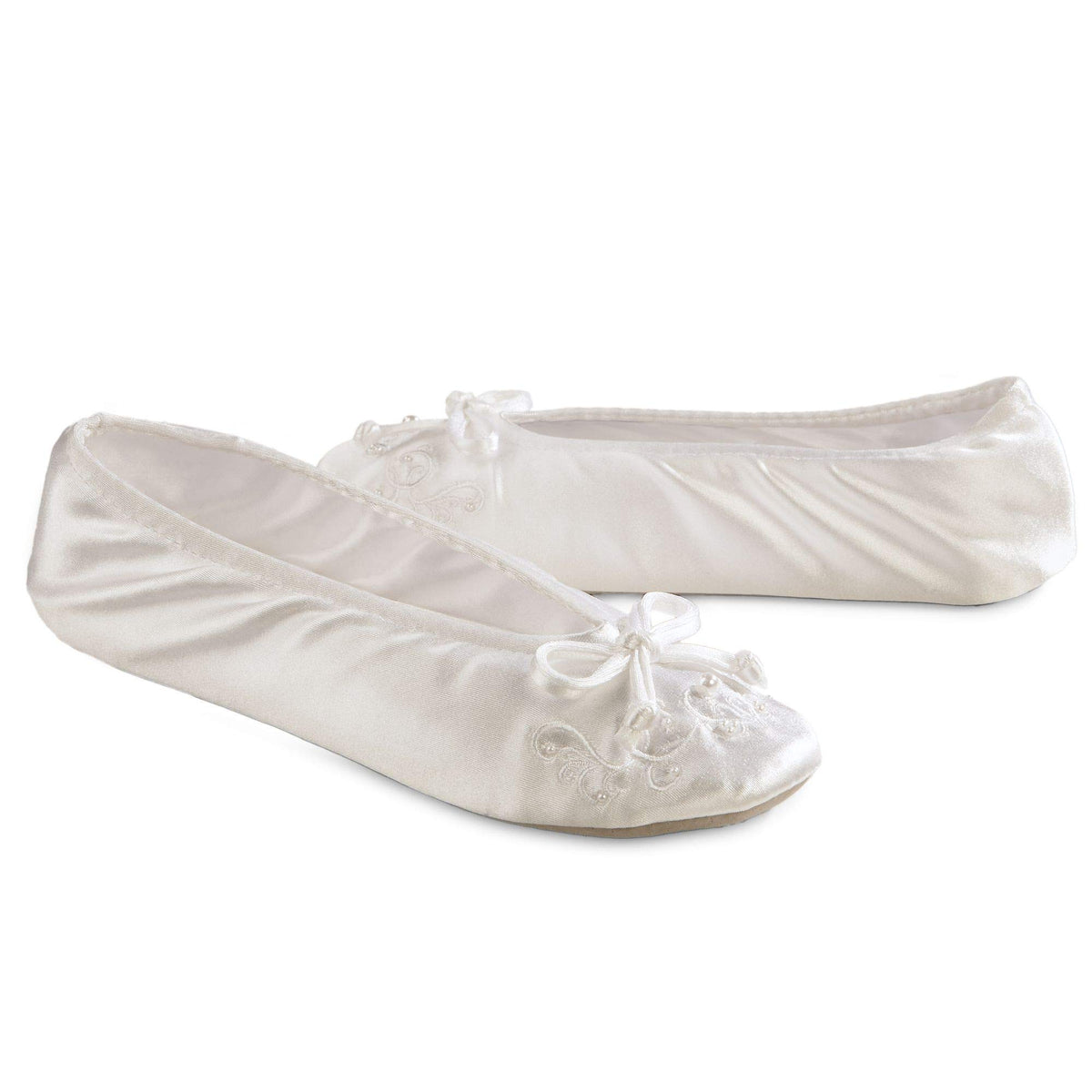 isotoner Women's Satin Ballerina Slippers with Embroidered Pearl