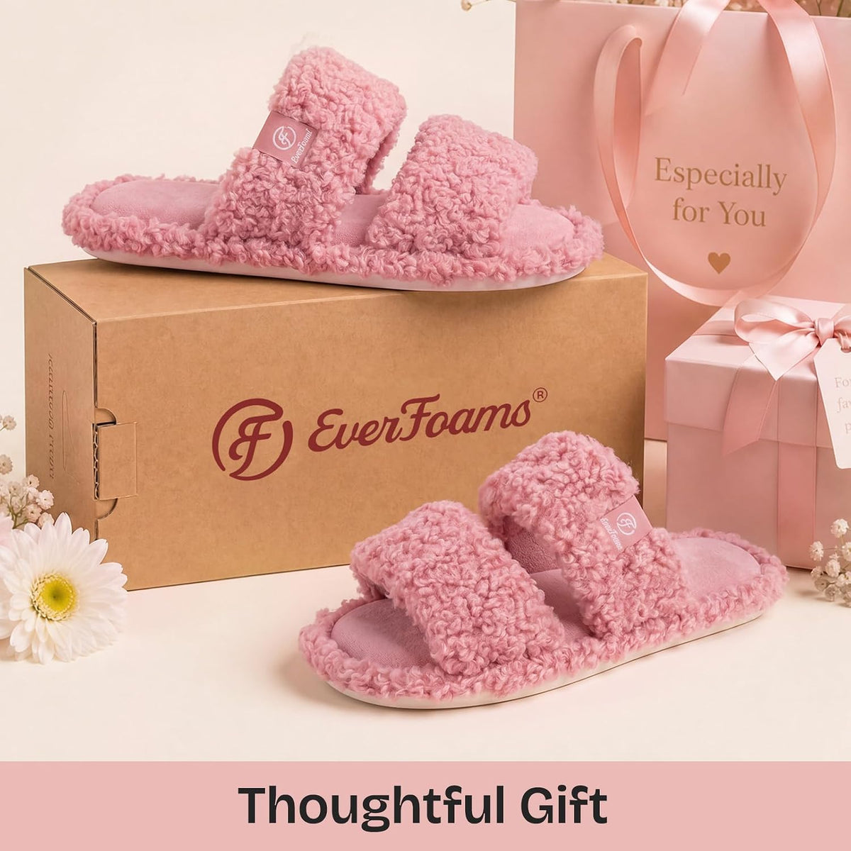 EverFoams Women's Fuzzy Open Toe Slippers Memory Foam Indoor House Shoes